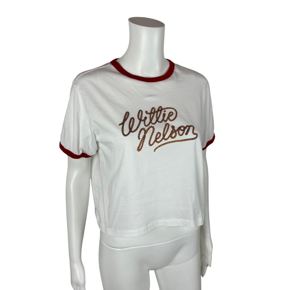 Brixton Willie Nelson Tee Womens Medium Red White Rope Name Cropped Band Shirt - Picture 3 of 10